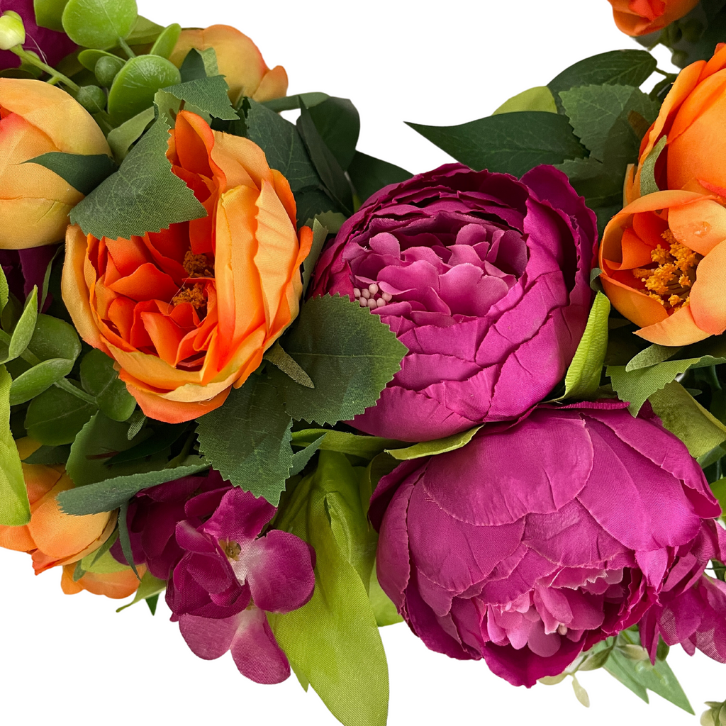 Bright Pink Orange Peony Wreath - Vibrant Grapevine Spring Decor