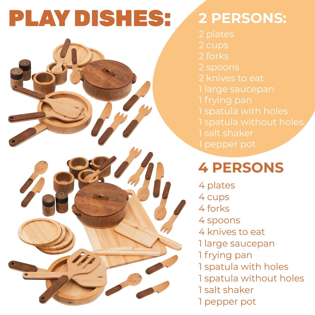 Wooden Play Kitchen Dish Set - Montessori Pretend Play for Kids