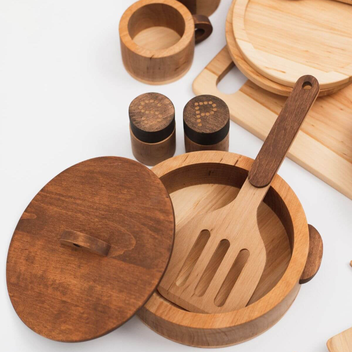 Wooden Play Kitchen Dish Set - Montessori Pretend Play for Kids
