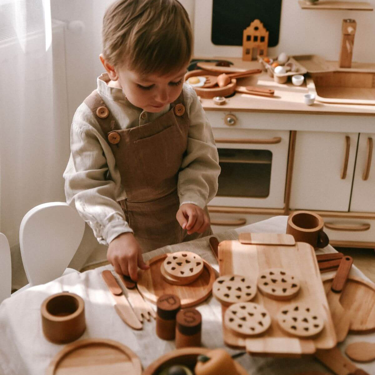 Wooden Play Kitchen Dish Set - Montessori Pretend Play for Kids