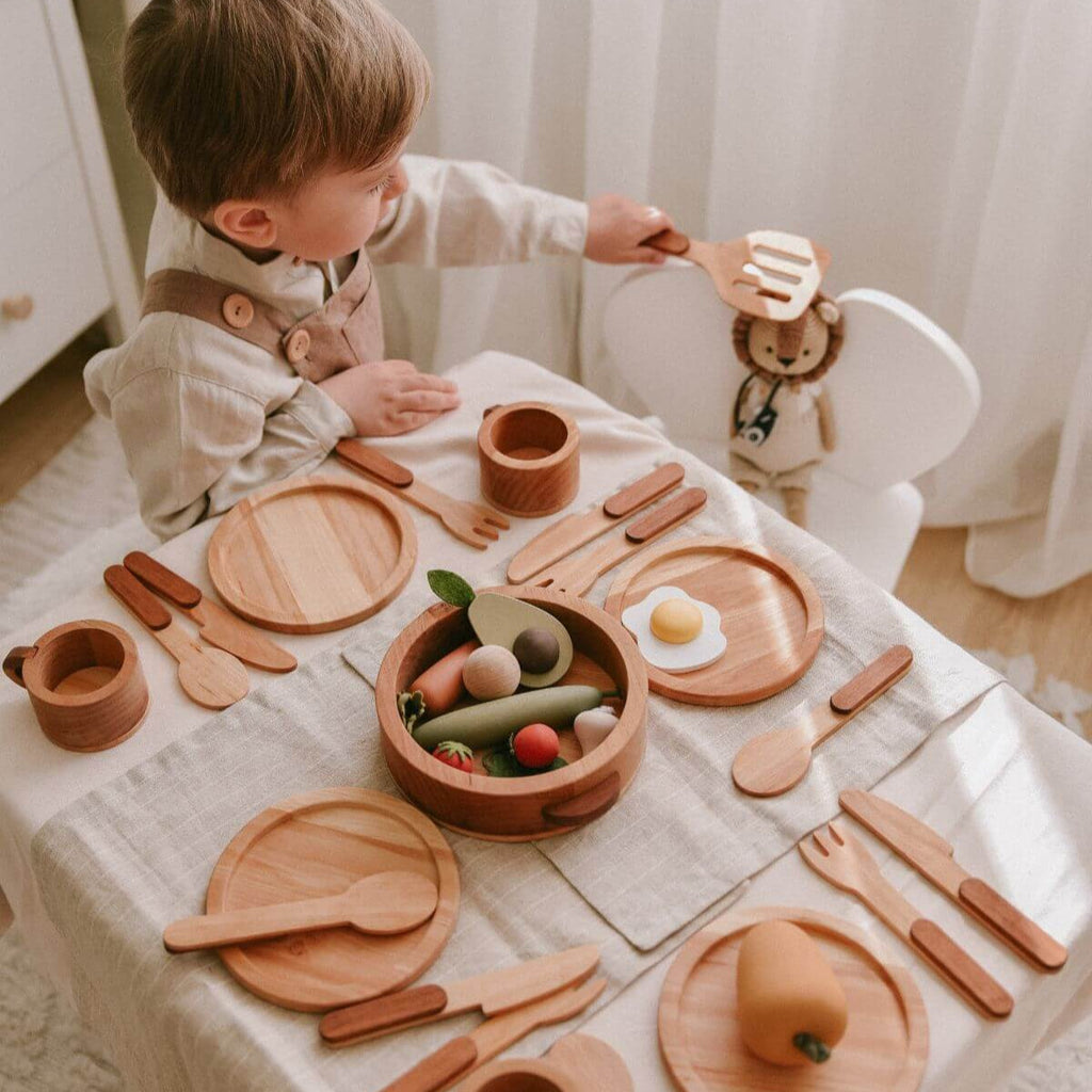 Wooden Play Kitchen Dish Set - Montessori Pretend Play for Kids