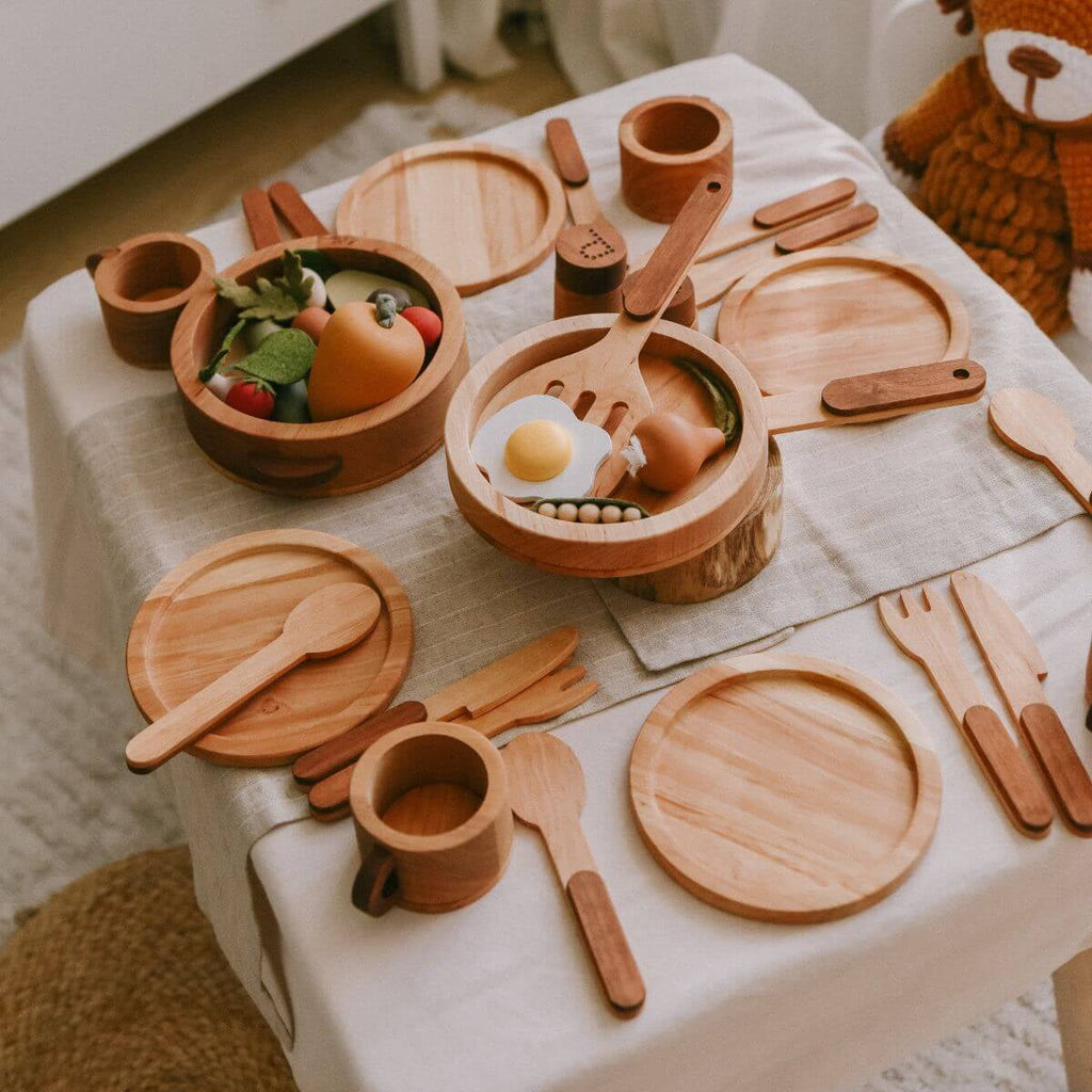 Wooden Play Kitchen Dish Set - Montessori Pretend Play for Kids