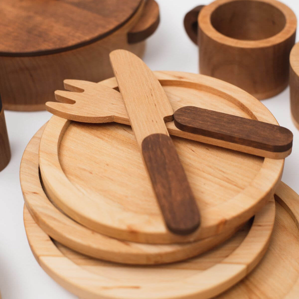 Wooden Play Kitchen Dish Set - Montessori Pretend Play for Kids