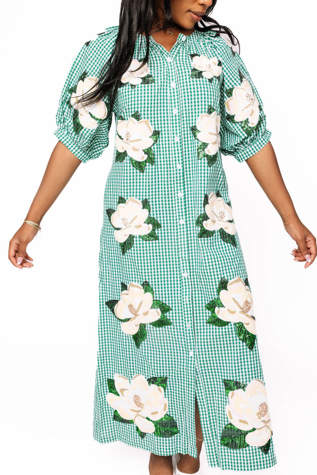 Queen of Sparkles Green Gingham Magnolia Midi Dress