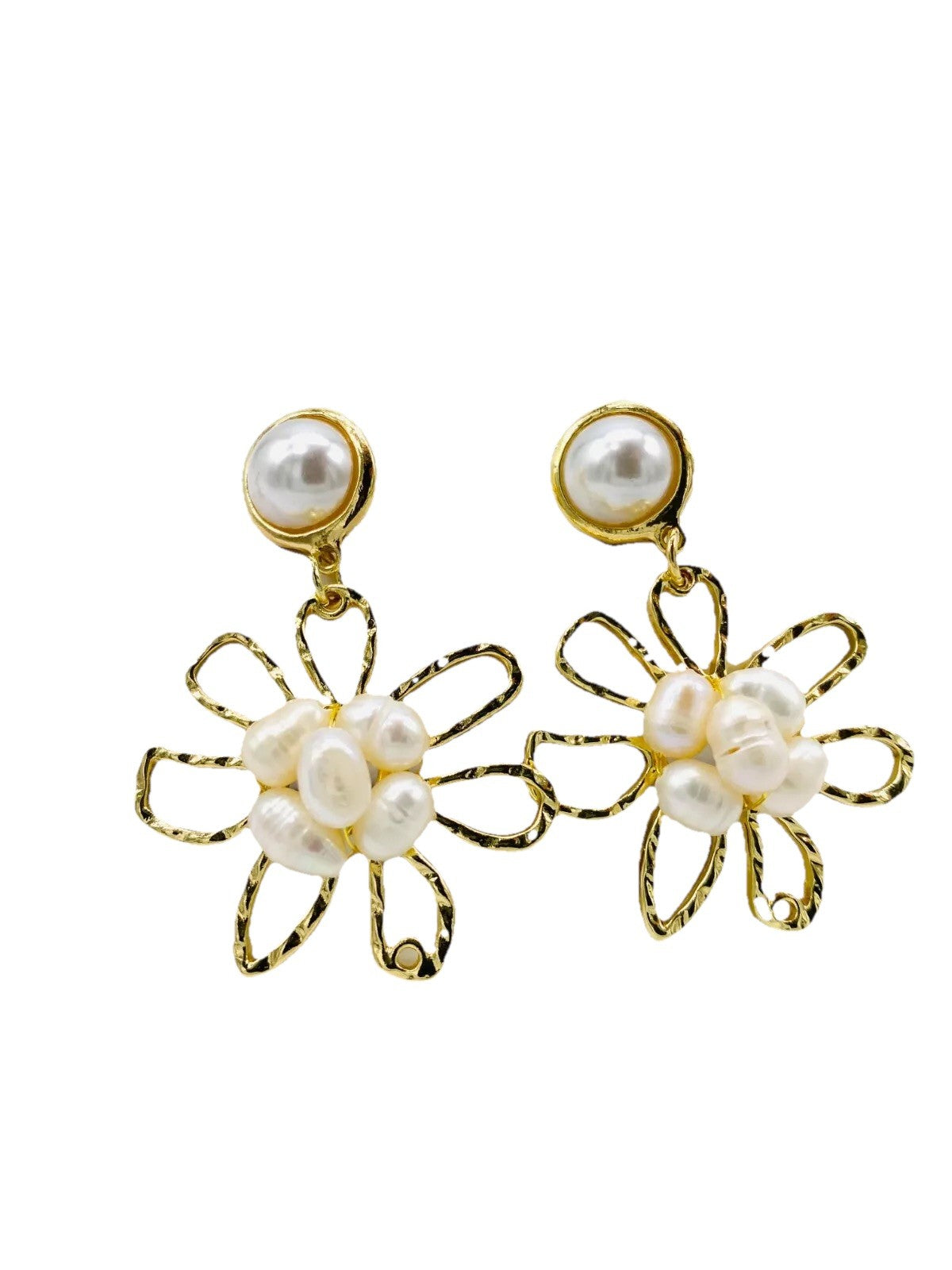 Gold Plated Pearl Cluster Floral Drop Earrings