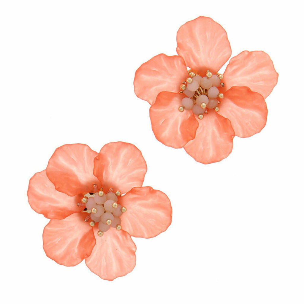 Coral Beaded Flower Earrings - Statement Stud Earrings 2 Inch