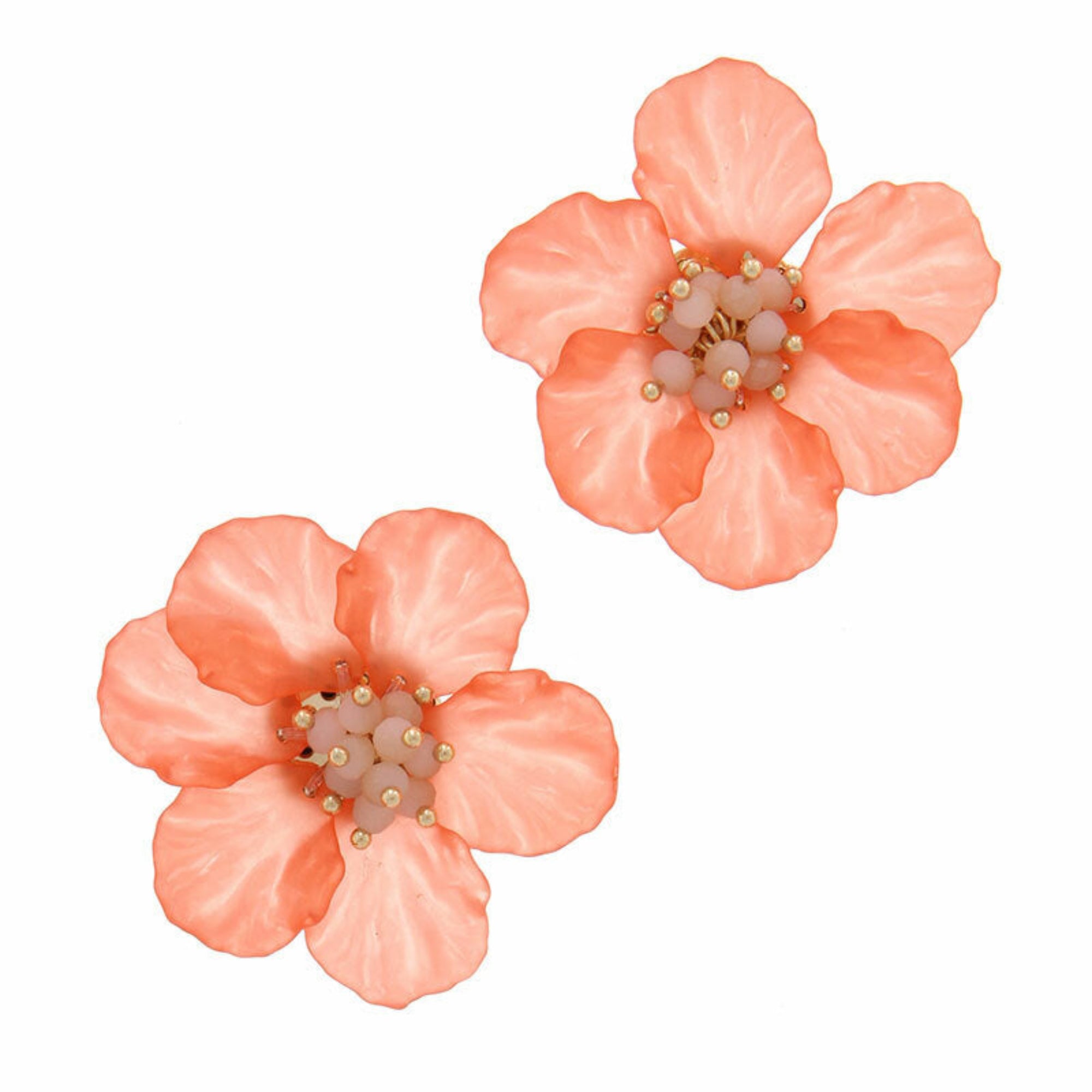 Coral Beaded Flower Earrings - Statement Stud Earrings 2 Inch