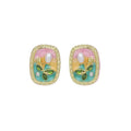 Gold Pink & Green Enamel Pearl Floral Stud Earrings