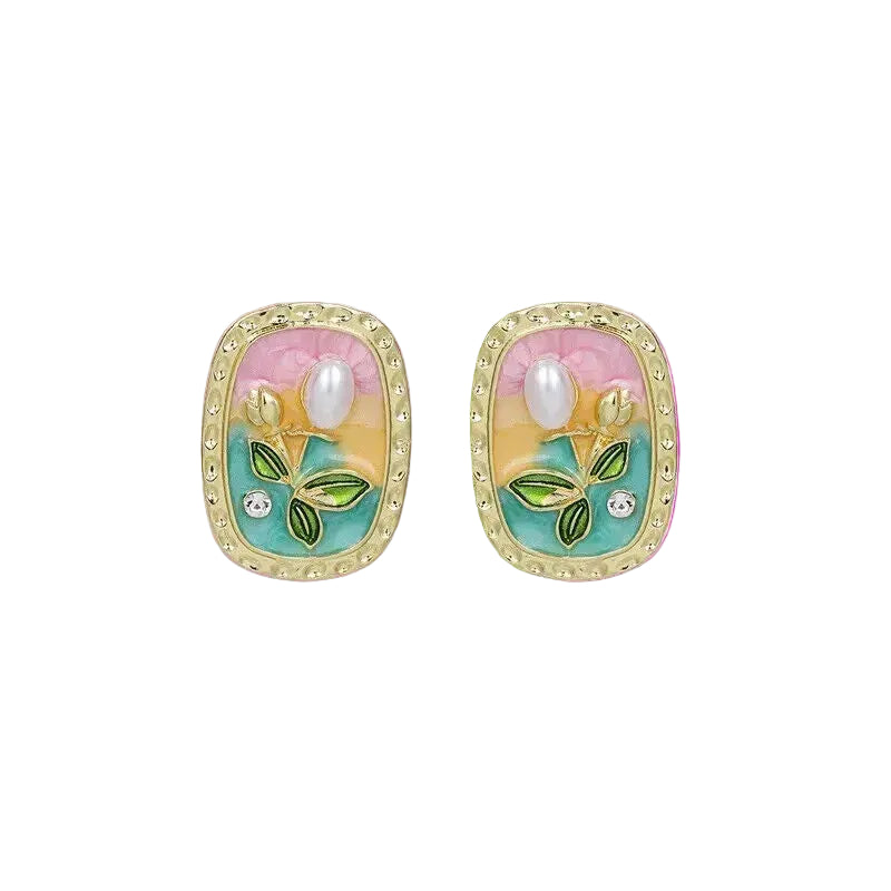 Gold Pink & Green Enamel Pearl Floral Stud Earrings