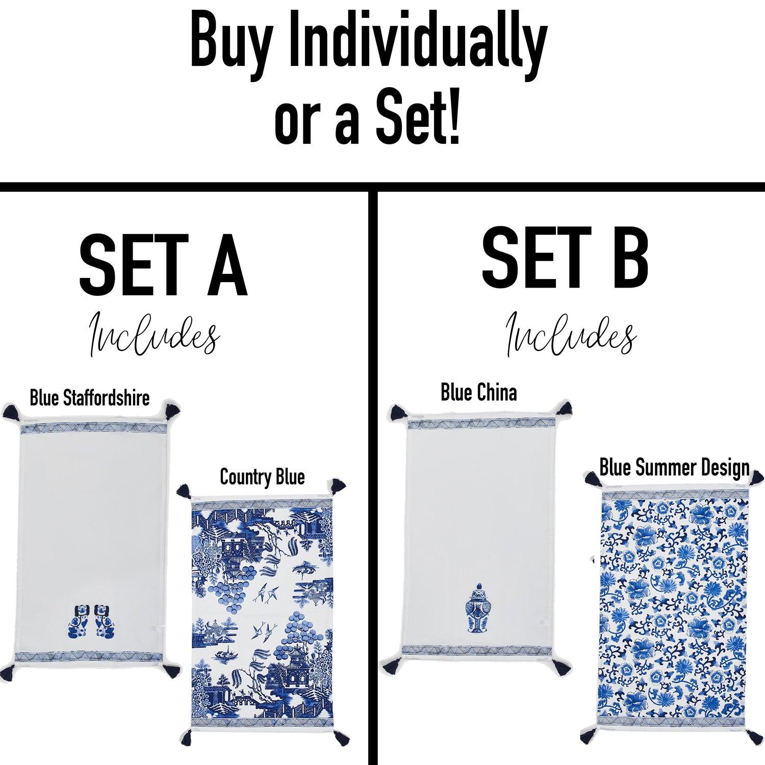 Chinoiserie Embroidered Tea Towels - Blue & White Cotton