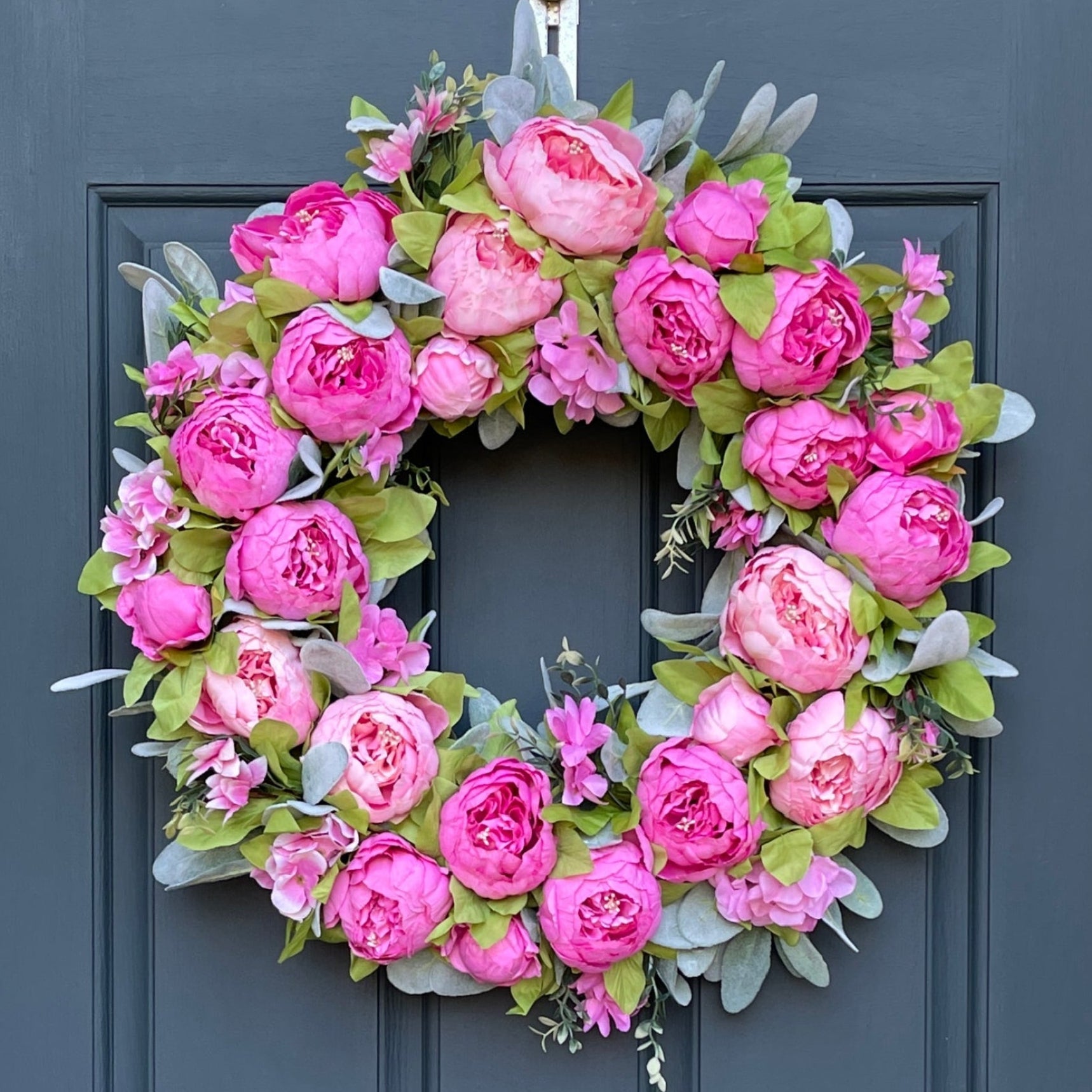 Spring + Summer Pink Peony & Lambs Ear Wreath