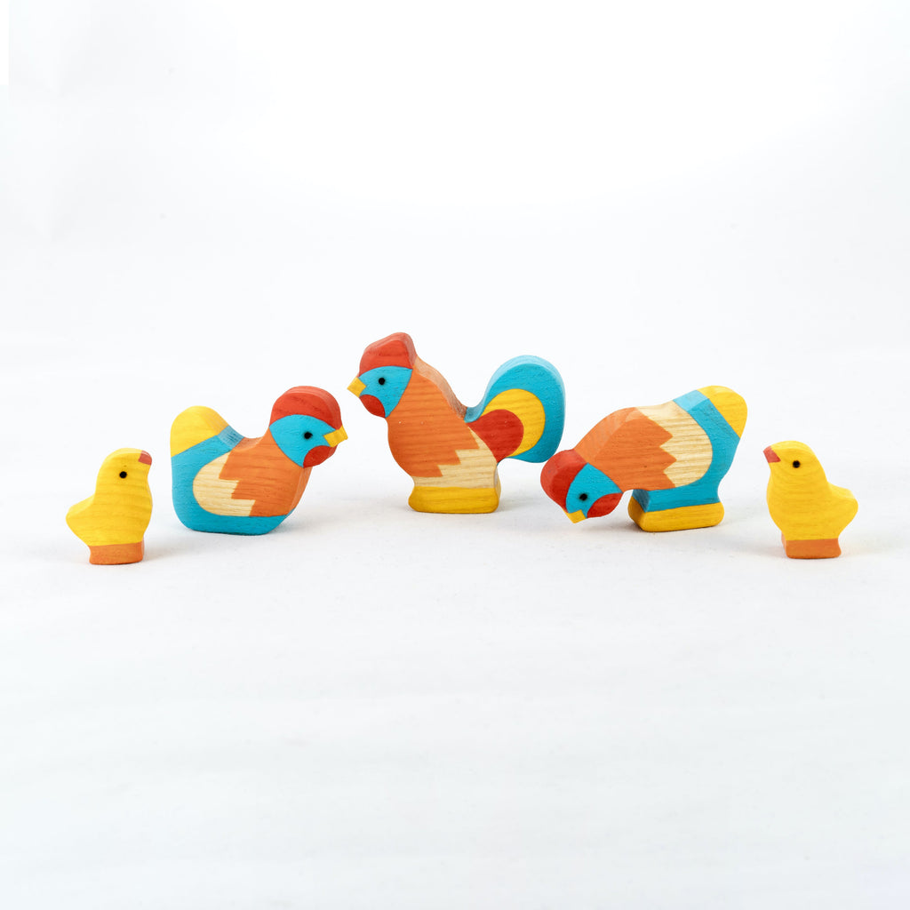 Waldorf Wooden Rooster & Chickens Set - 5 Piece Farm Animal Toy