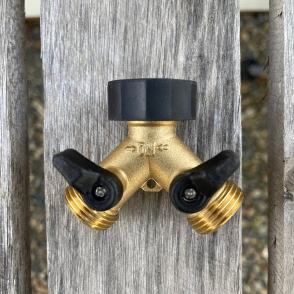 Two-Way Brass Garden Hose Splitter - Heavy-Duty Y-Valve with Shut-Off