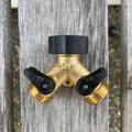 Two-Way Brass Garden Hose Splitter - Heavy-Duty Y-Valve with Shut-Off