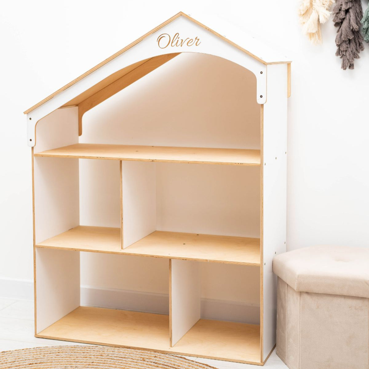 Montessori Wooden Dollhouse Bookshelf for Kids