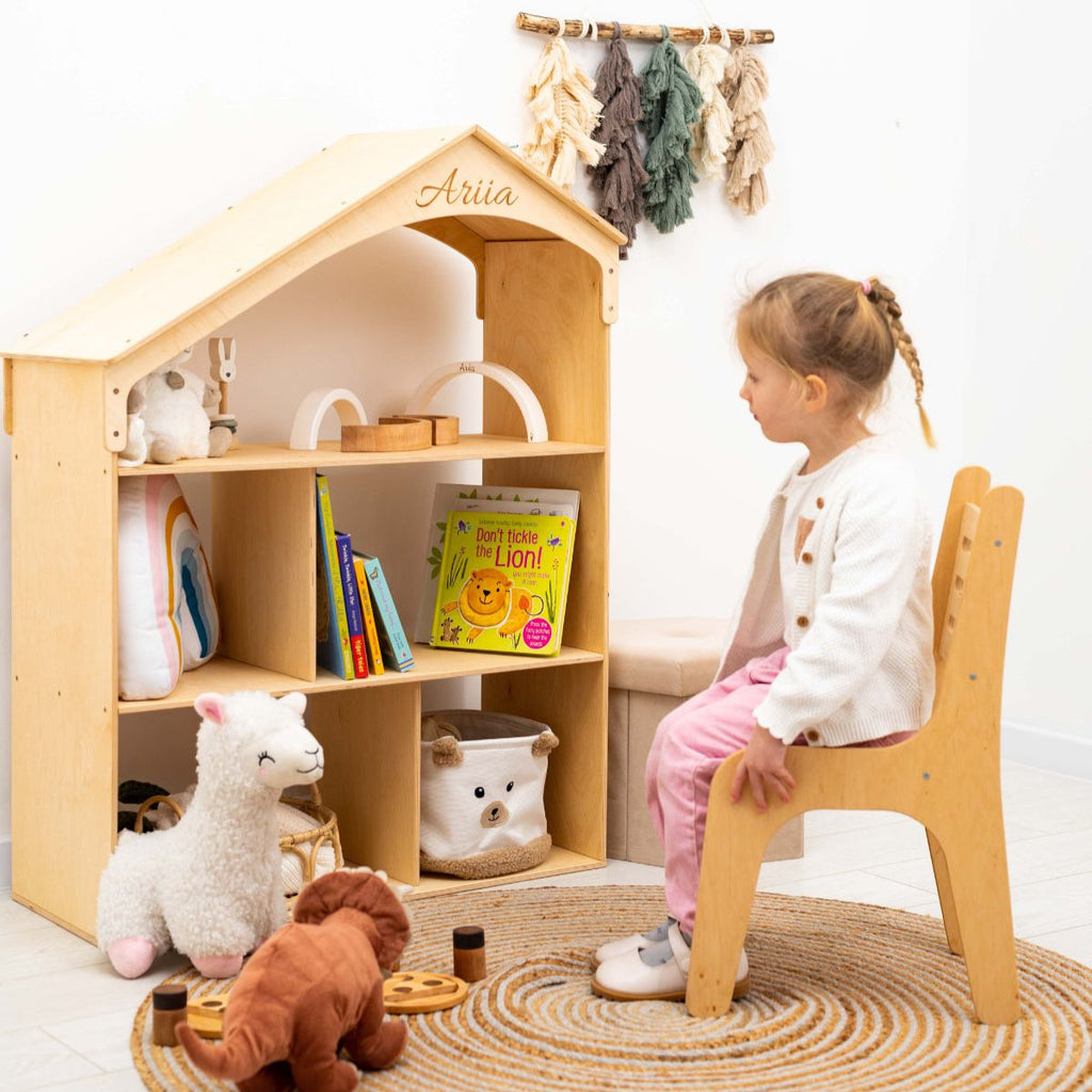 Montessori Wooden Dollhouse Bookshelf for Kids