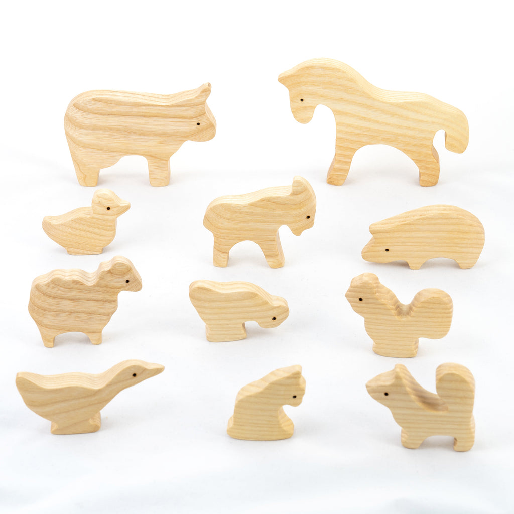 Waldorf Wooden Farm Animals Set - 11 Piece Hand-Carved Collection