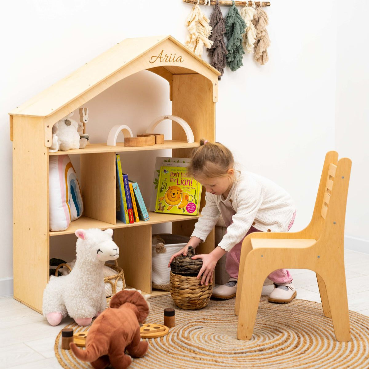 Montessori Wooden Dollhouse Bookshelf for Kids