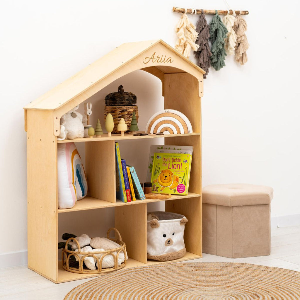 Montessori Wooden Dollhouse Bookshelf for Kids