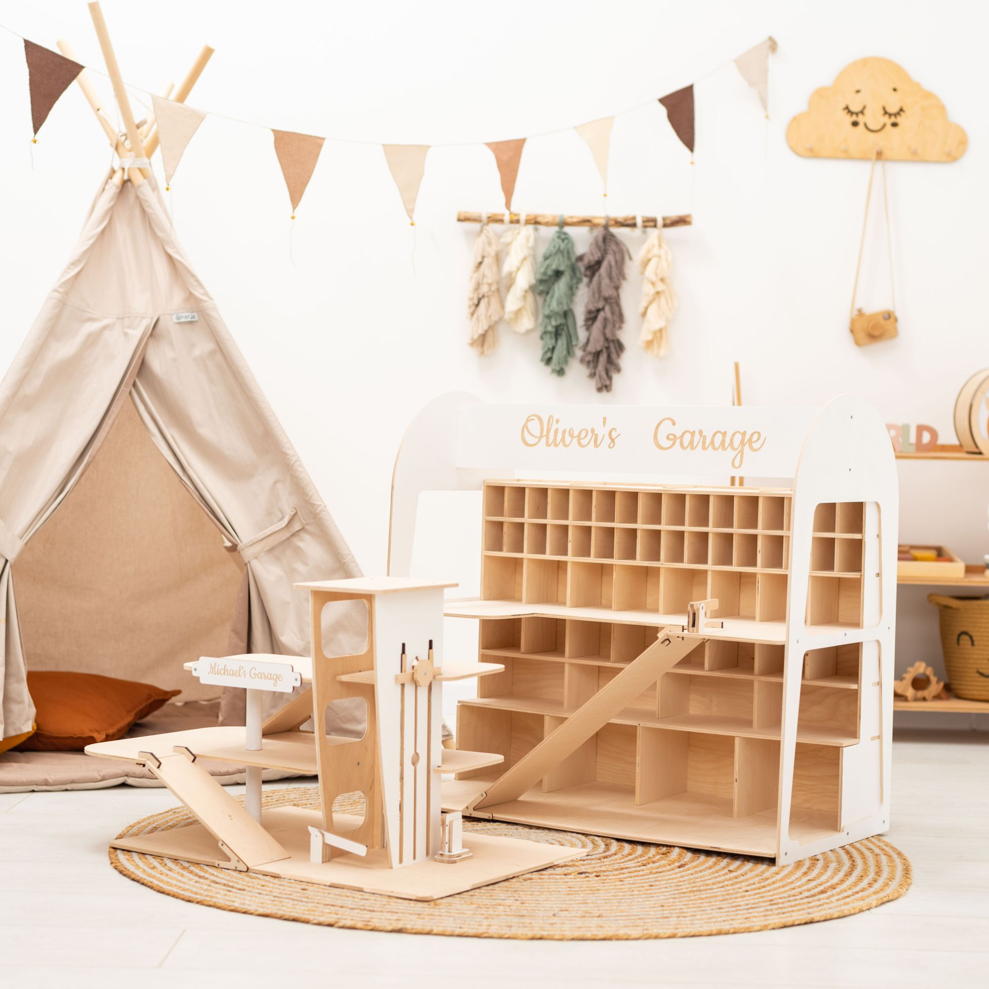 Wooden Toy Car Garage Storage Organizer