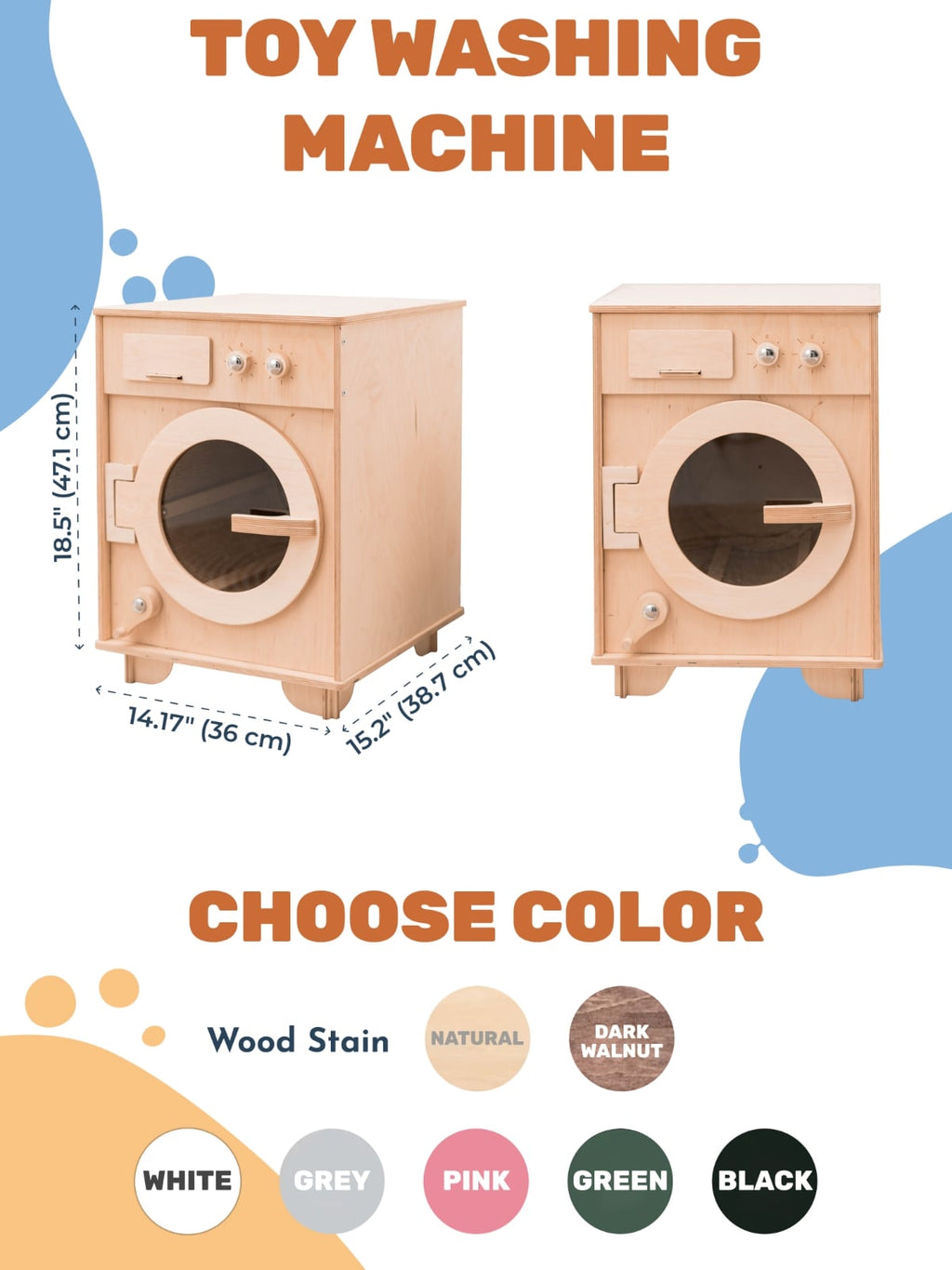Handcrafted Wooden Toy Washing Machine for Pretend Play