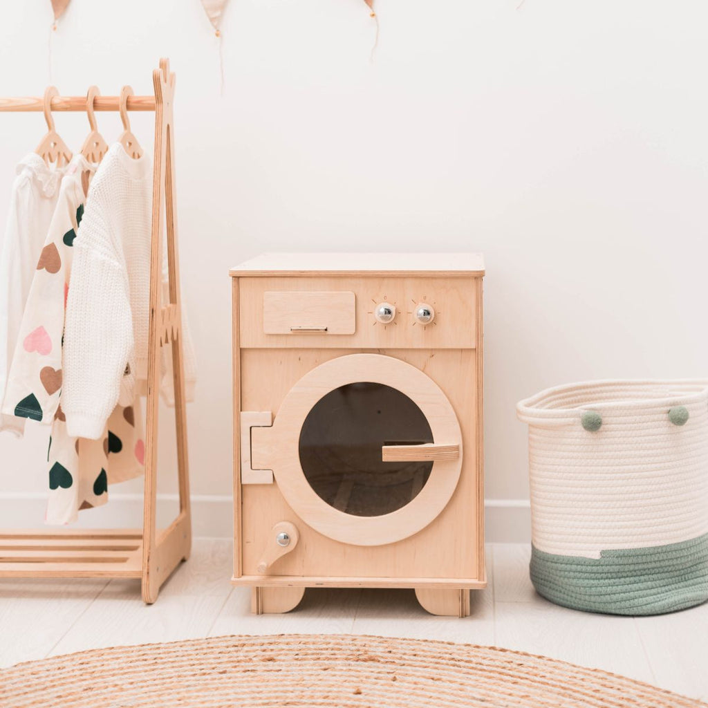 Handcrafted Wooden Toy Washing Machine for Pretend Play