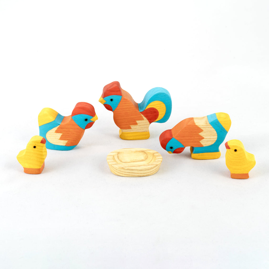 Waldorf Wooden Rooster & Chickens Set - 5 Piece Farm Animal Toy